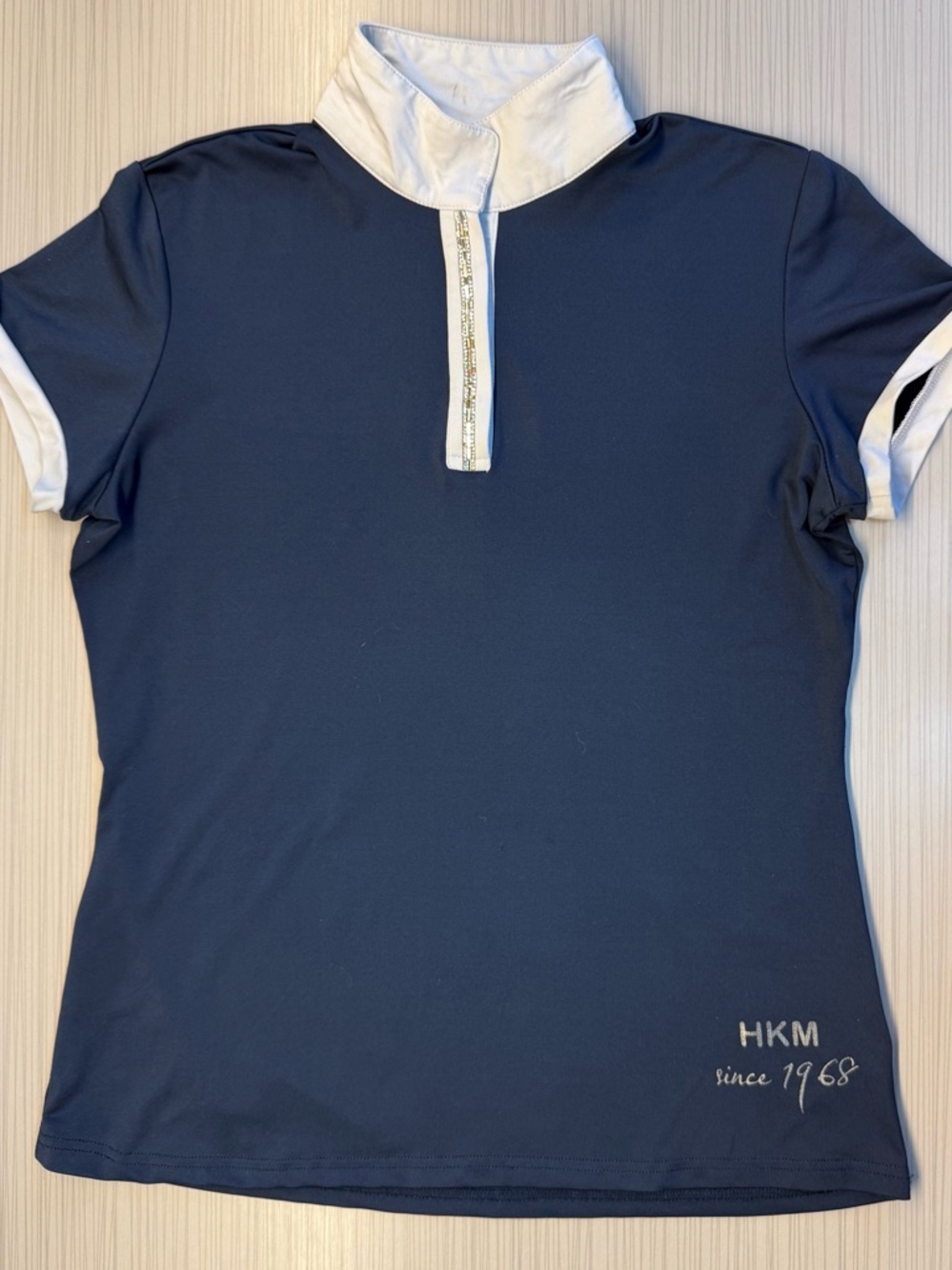 Navy Short-Sleeve Equestrian Riding Polo Show Shirt White Trim & Crystal Accent